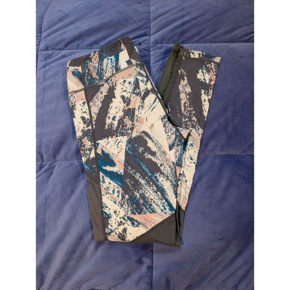 Zella Leggings Blue Grey Abstract Mesh Panel Inner Pocket Ankle‎ - Size S